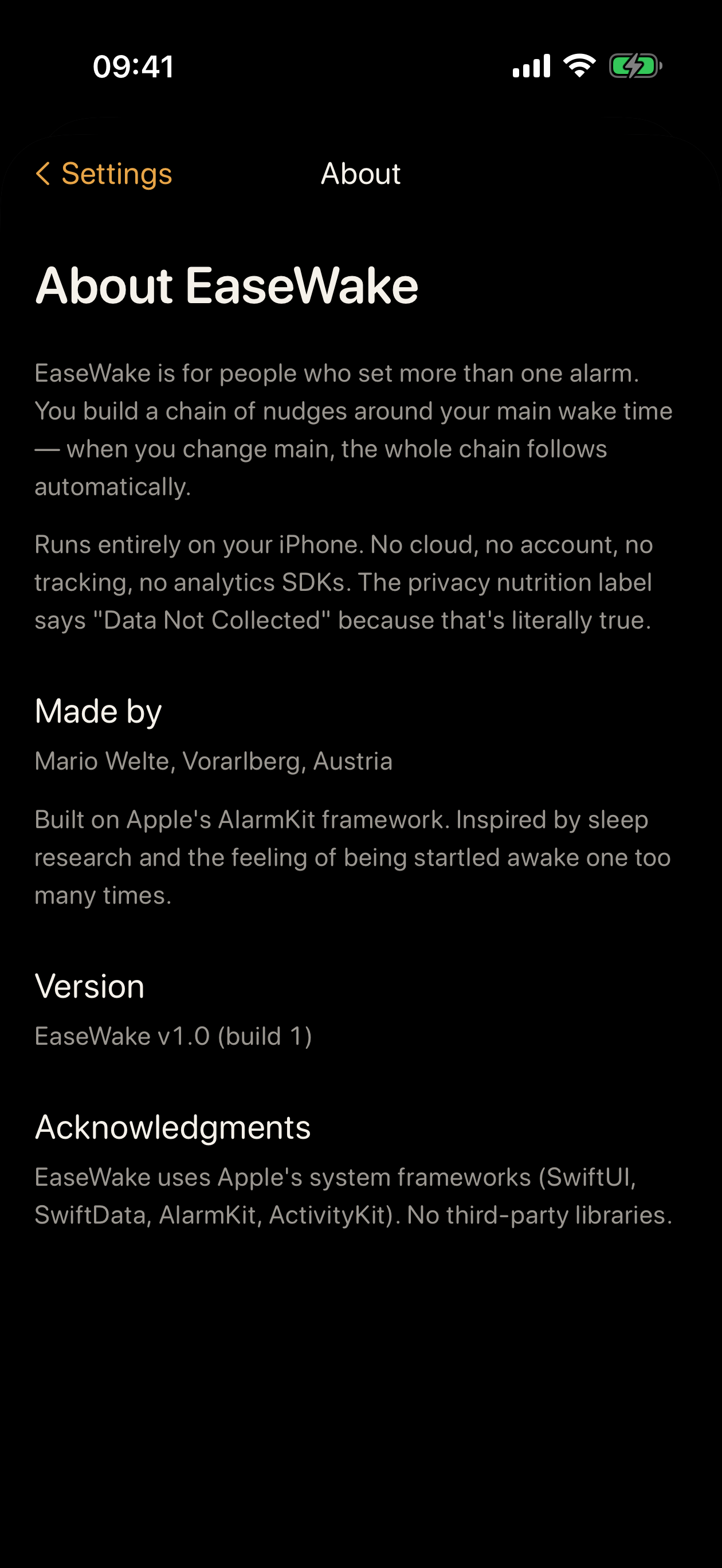 EaseWake privacy detail screen